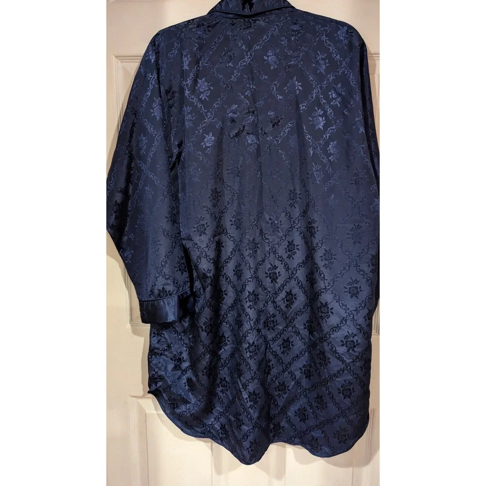 Liz Banks Intimates Sleep Shirt M Navy Blue Damask Floral Satin Button Nightie